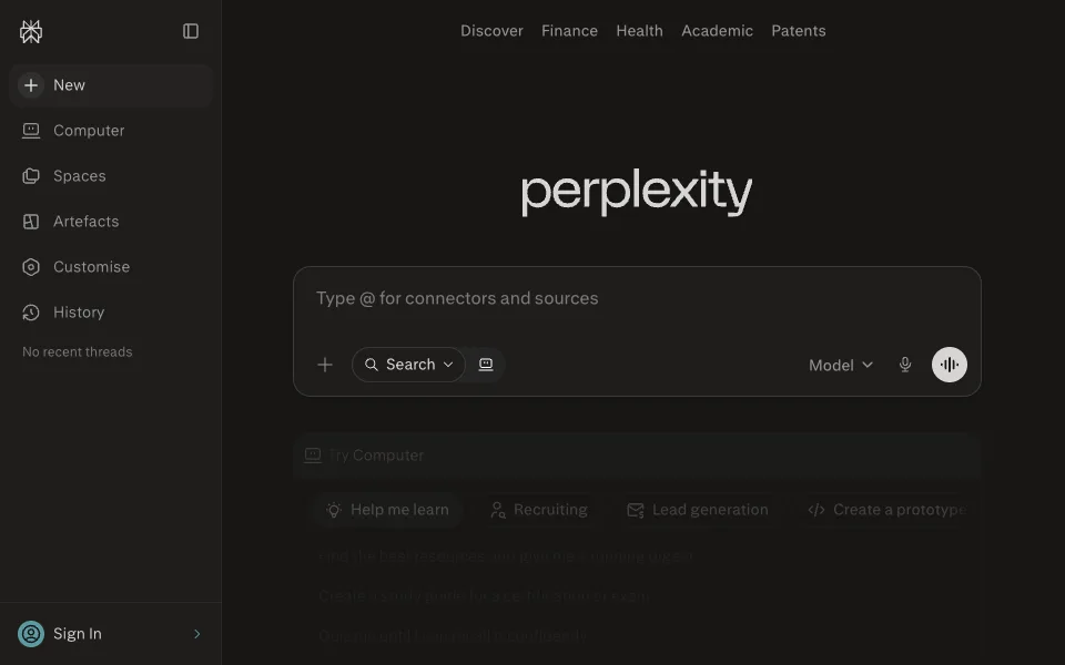 Perplexity website preview
